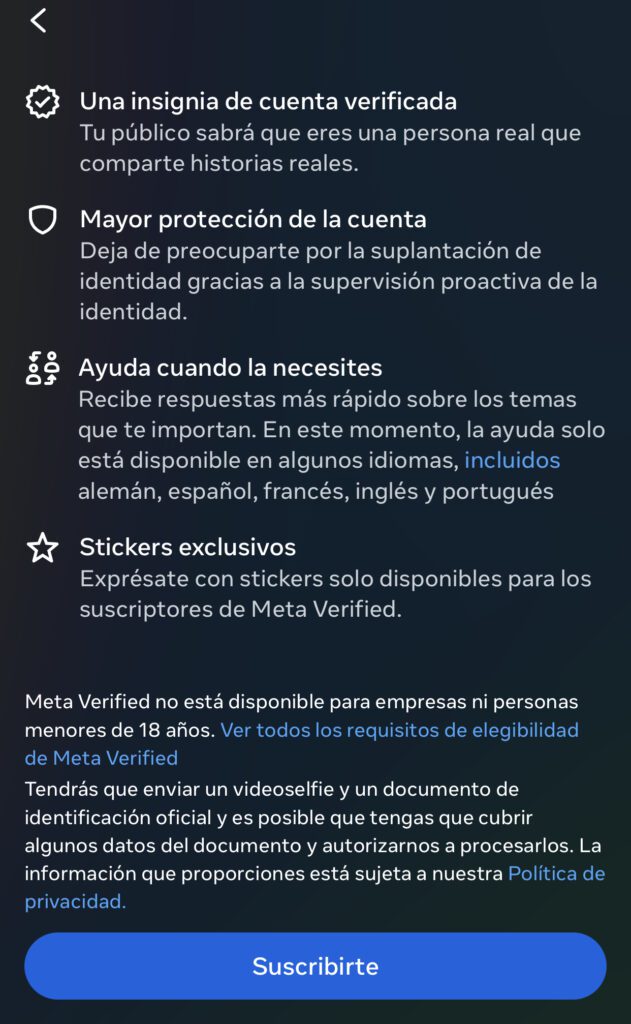 Meta verified está en España Instagram